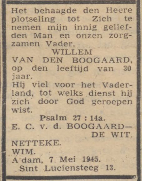 Willem van den Boogaard Trouw 12-05-1945